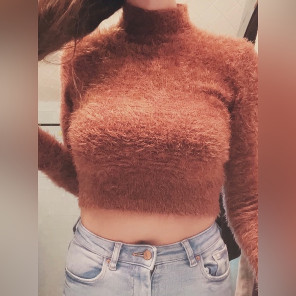 NWT • Express Cropped Fuzzy Brown Turtleneck Sweater - Picture 2 of 10